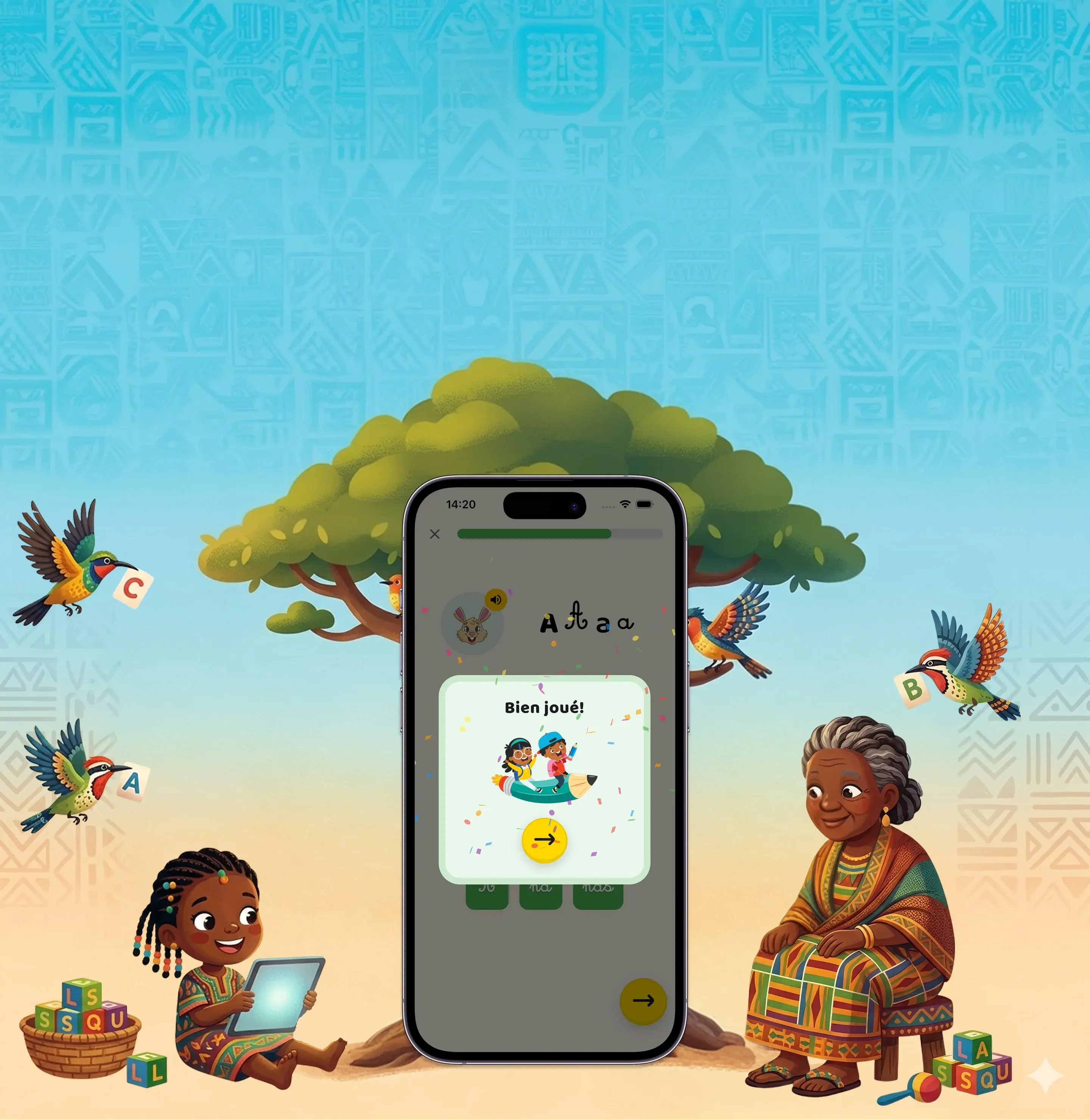 Deux enfants tenant les lettres MA, KE, DA autour d'un téléphone affichant l'application MAKEDA