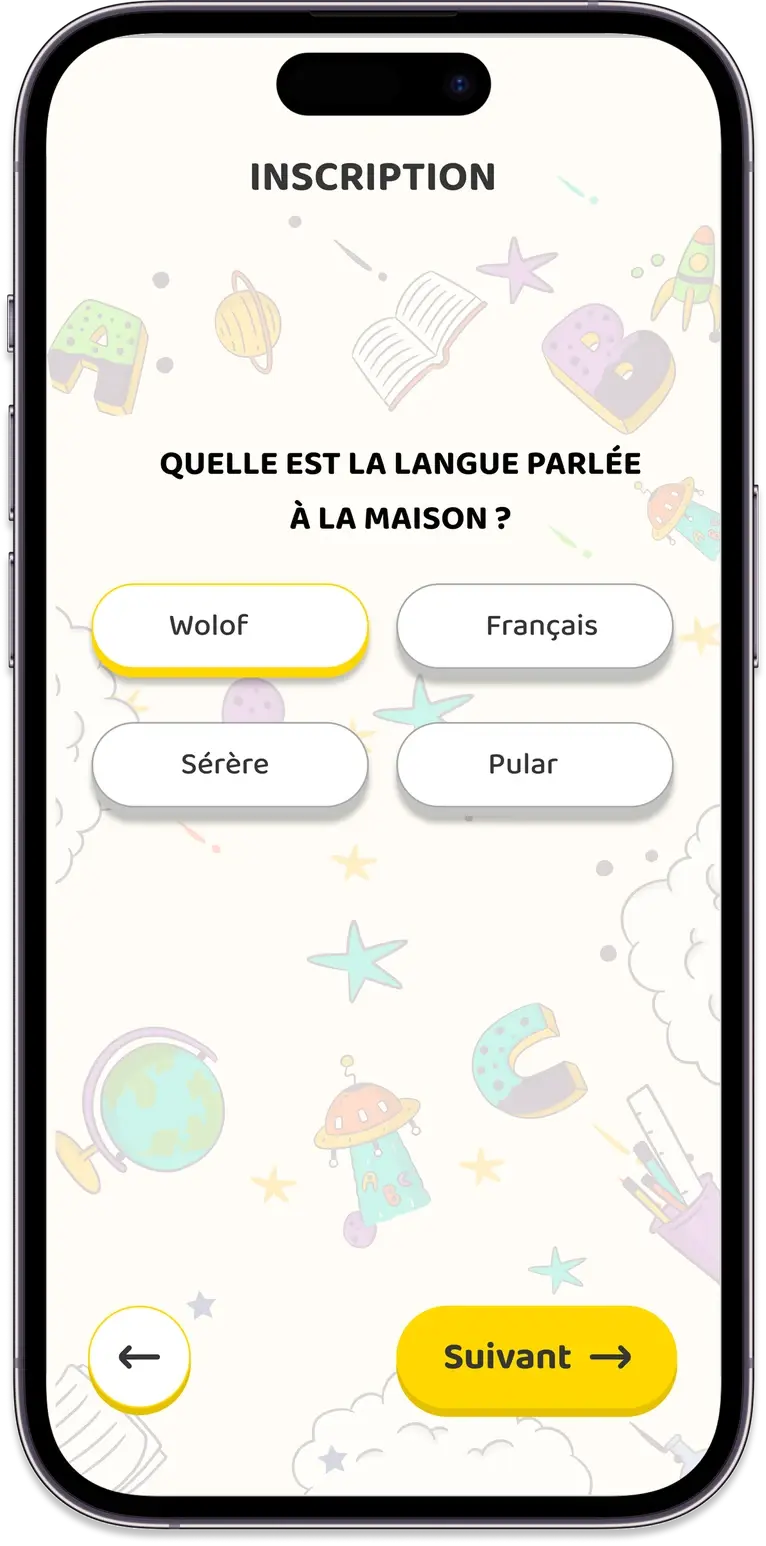 Aperçu de l'écran d'inscription MAKEDA — choix de la langue parlée à la maison (Wolof, Français, Sérère, Pular)